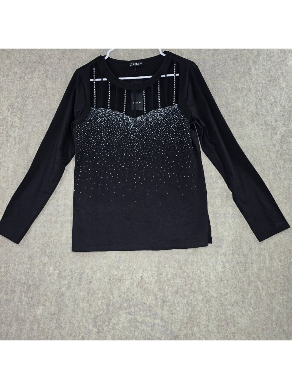 Black Rhinestone Embellished Long Sleeve Top By Sheilay Size M